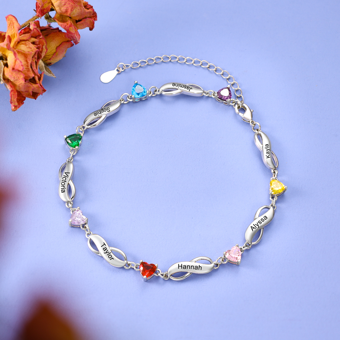 Infinity Bracelet with 5 Heart Shape Birthstones Family Bracelet for Mom
