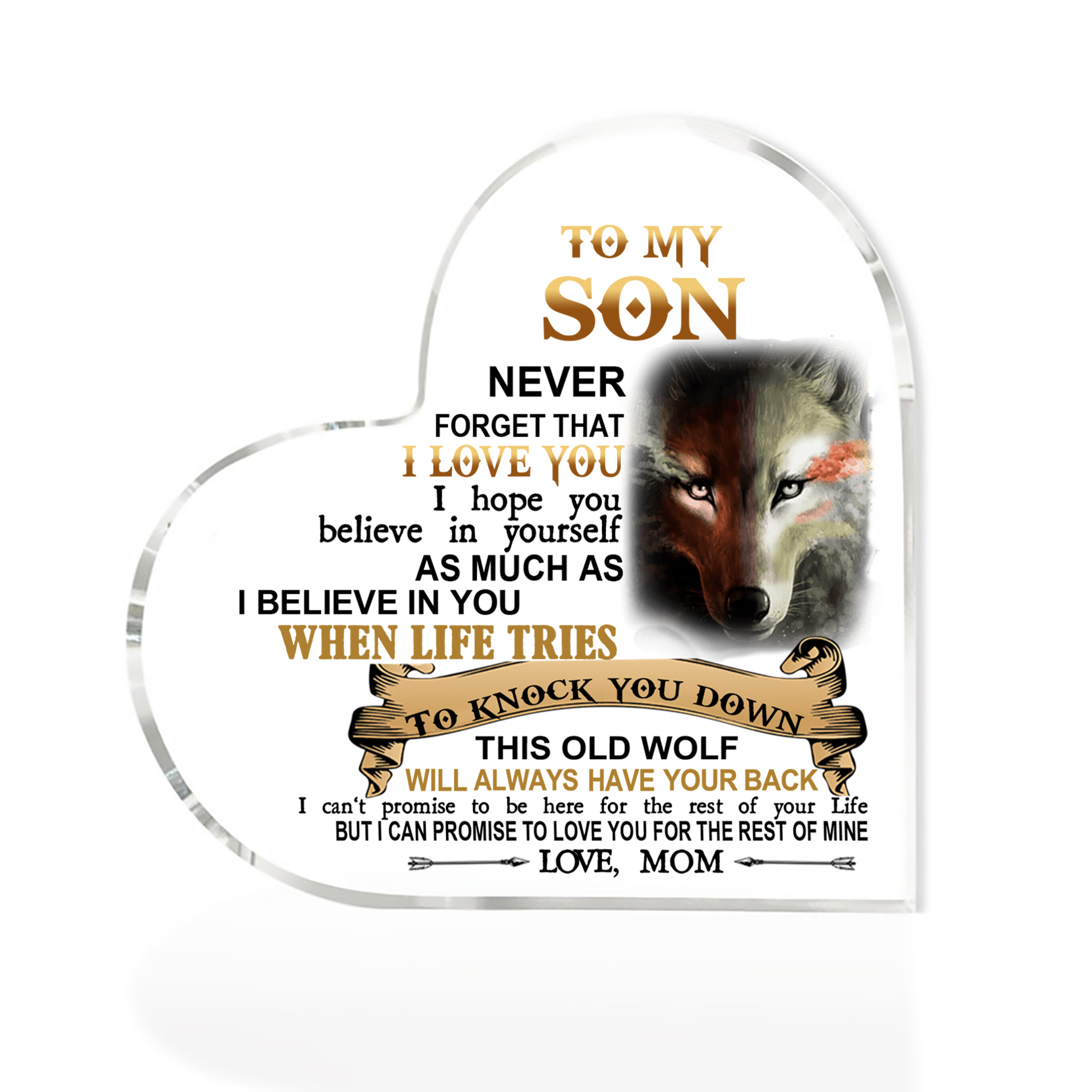 To My Son Acrylic Heart Keepsake Mom to Son Heart Ornament - This Old Wolf Will Always Have Your Back