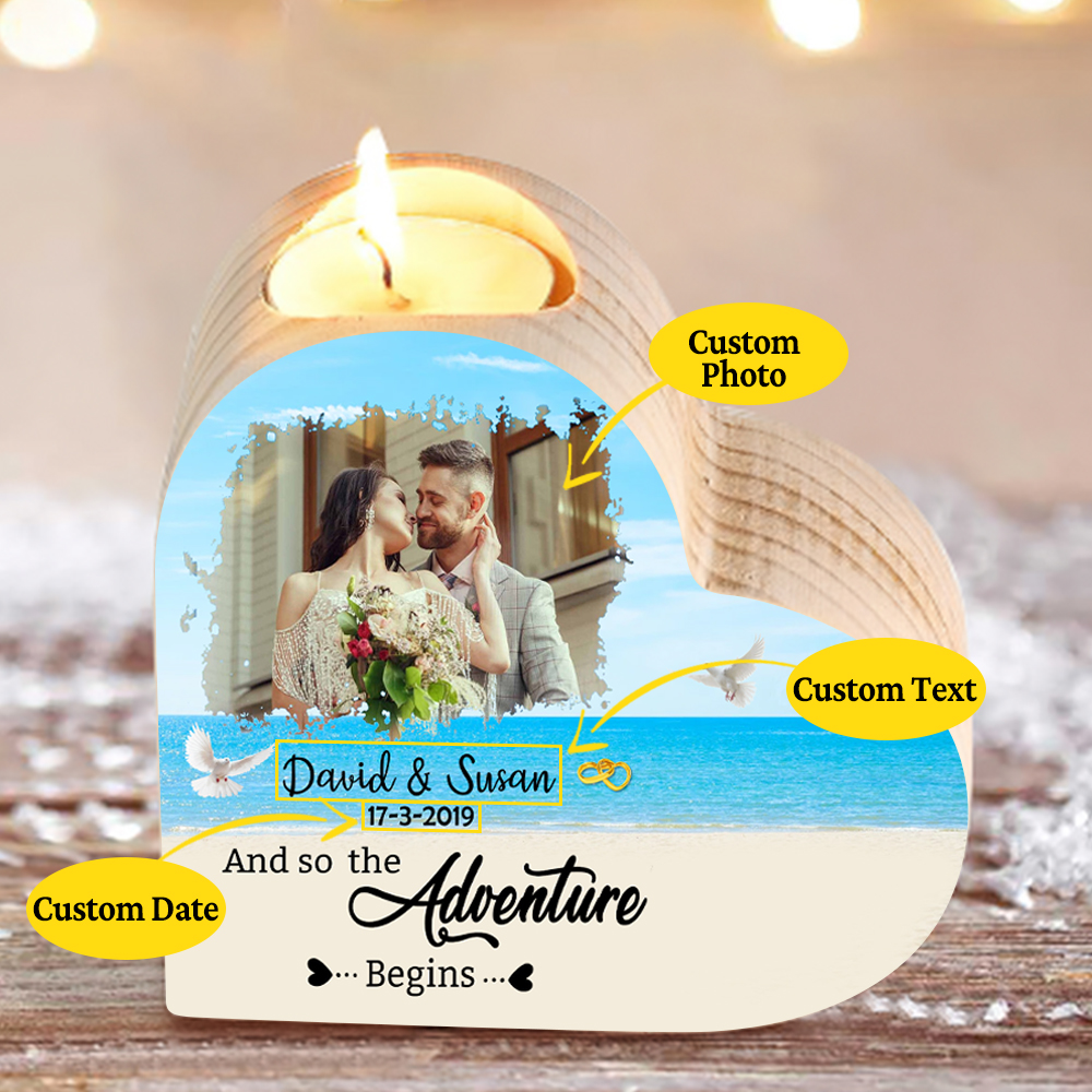 Personalized Love Couple Heart Candle Holder Engrave Photo Wooden Candlesticks Valentines Gift