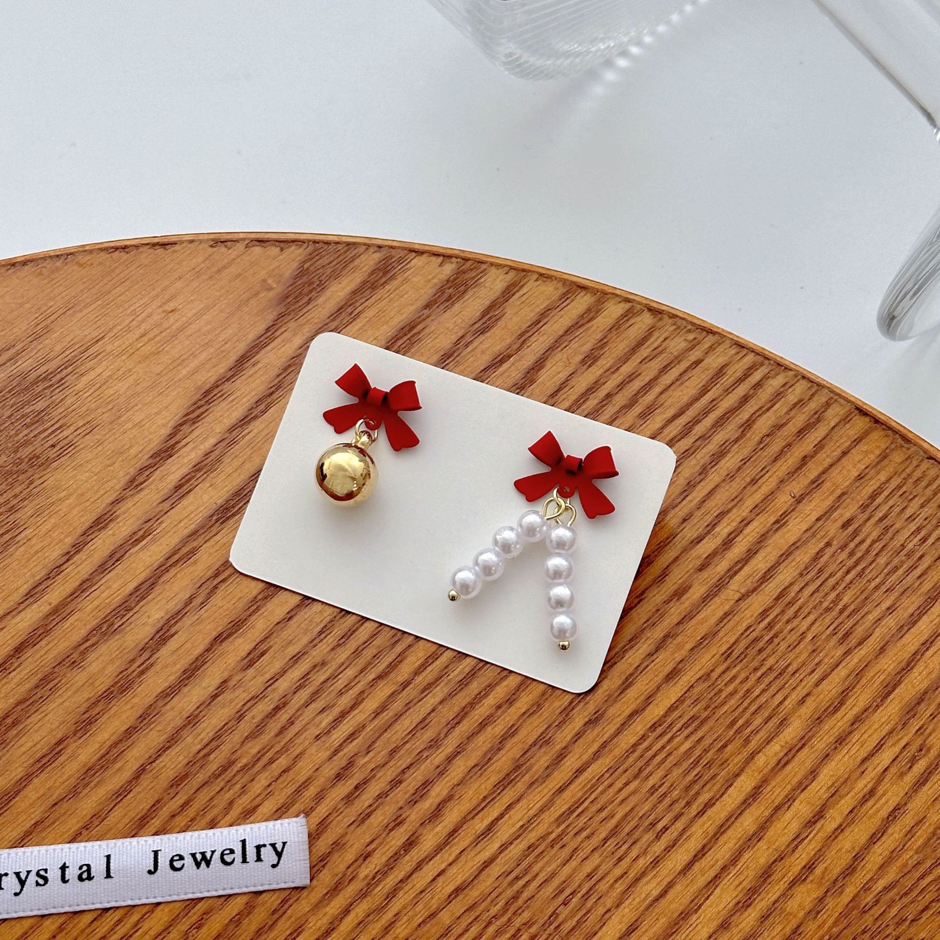 Christmas Asymmetrical Bow & Pearl Earrings Festive Holiday Gift