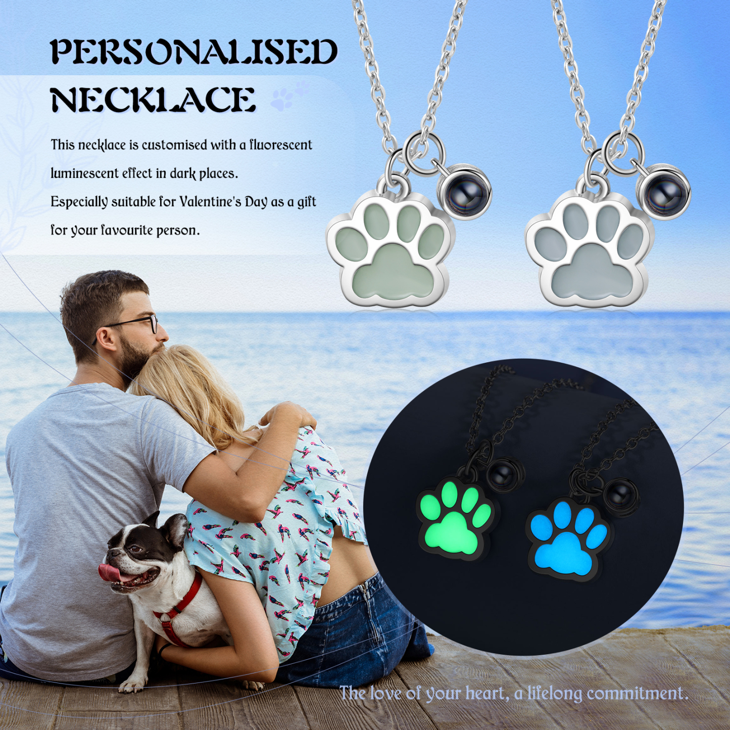 Personalized Dog Paw Pendant Couple Necklace Set Custom Photo Projection Necklace Romantic Gifts For Him/Her