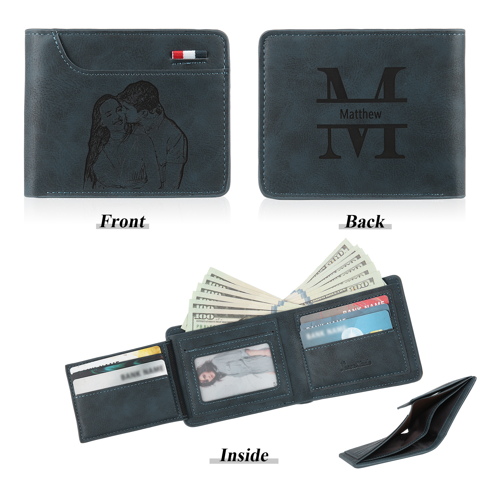 Personalized Monogram Wallet Custom Photo & Name & Letter Men's Leather Wallet Father's Day Gifts for Him