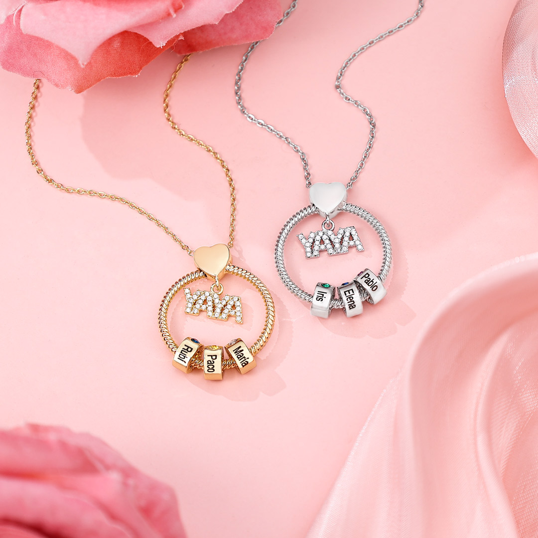 Collar a abuela con colgante de "YAYA" con 5 nombres Y 5 piedras de nacimiento personalizados | Jessemade-Jessemade ES