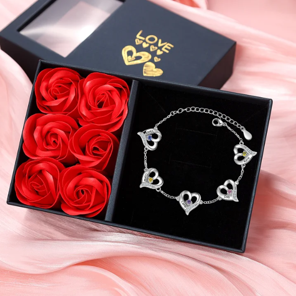 5 Names - Personalized Heart Bracelet Gift Set With Gift Box Custom Name & Birthstone Bracelet Gift For Her