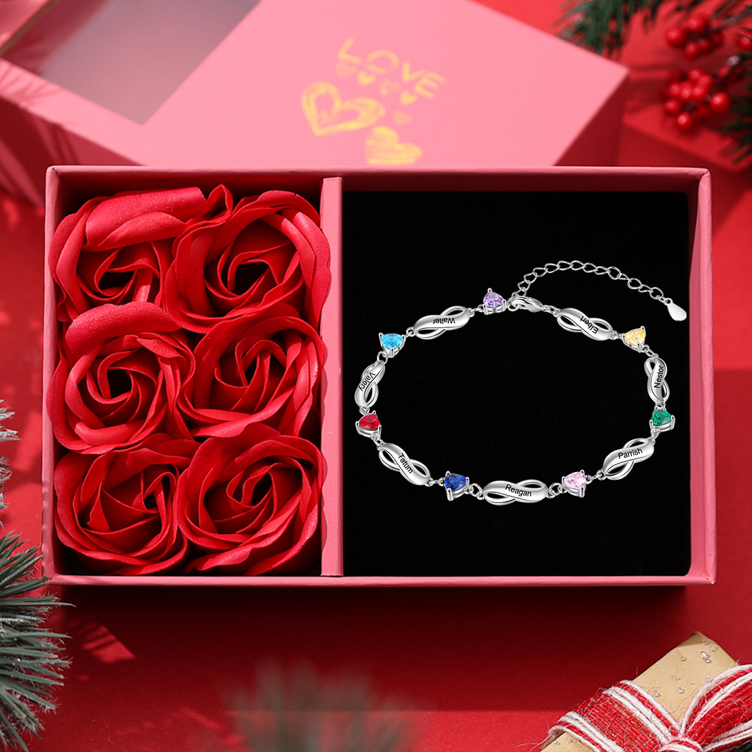 Infinity Bracelet with 7 Heart Shape Birthstones Family Bracelet for Mom
