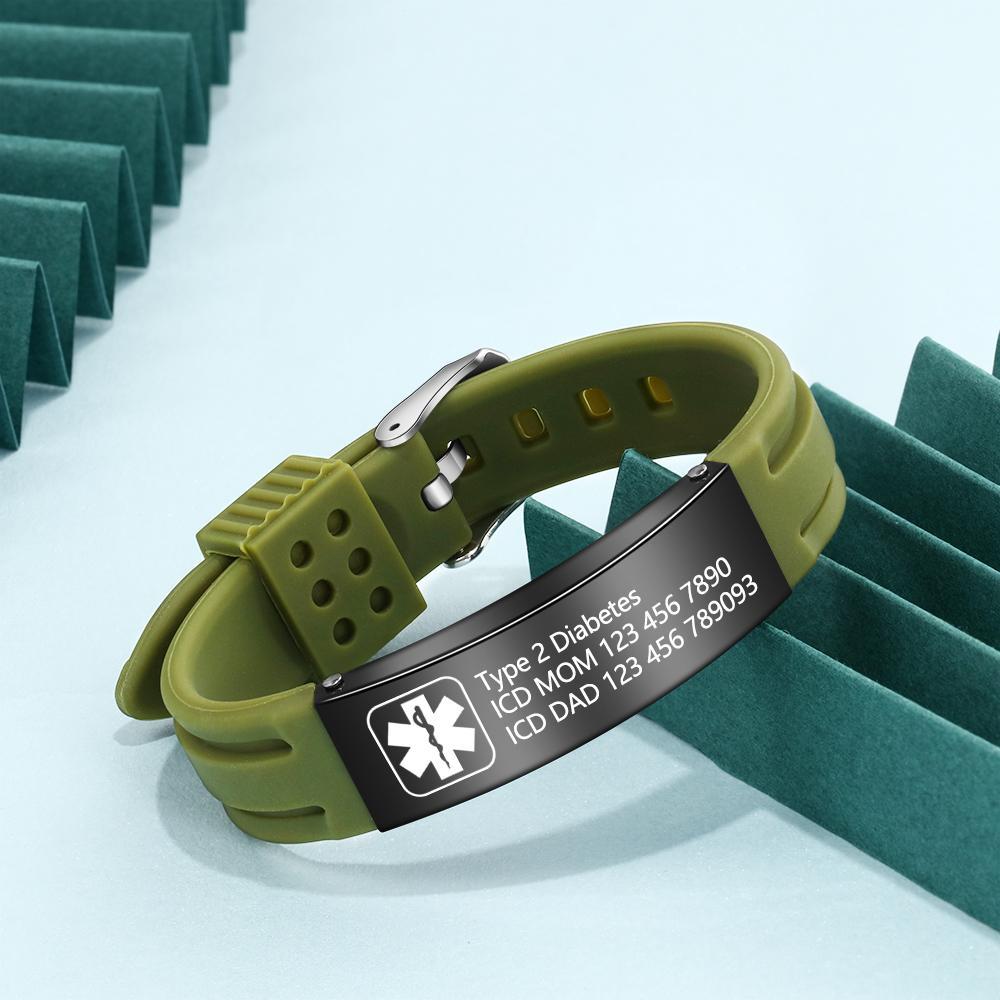 Engraved Medical Alert Bracelet Adjustable Silicone Waterproof Bracelet Women Men Personalized Emergency ID Wristband Multii Color