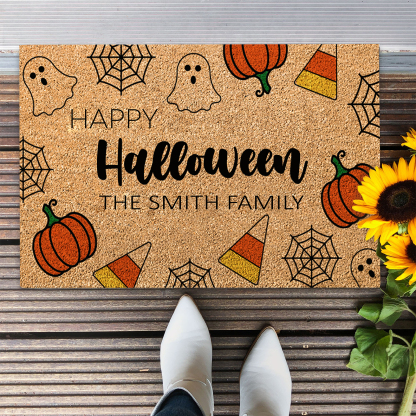 Personalized Halloween Doormat Pumpkin Spiderweb Ghost Doormat Home Decor - Happy Halloween