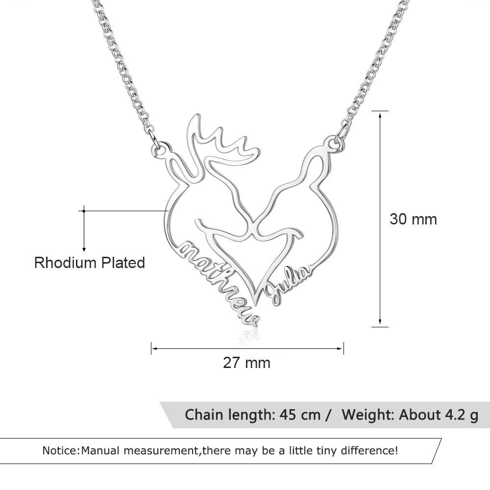 Heart Shape Christmas Deer Name Necklace Personalized 2 Names