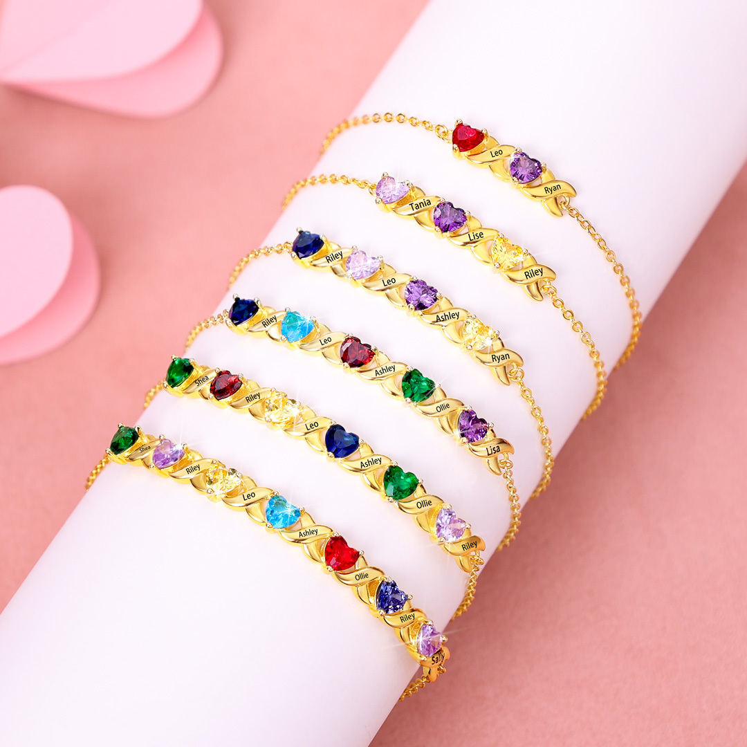 Family Custom Bracelet Heart Personalized with 5 Birthstones