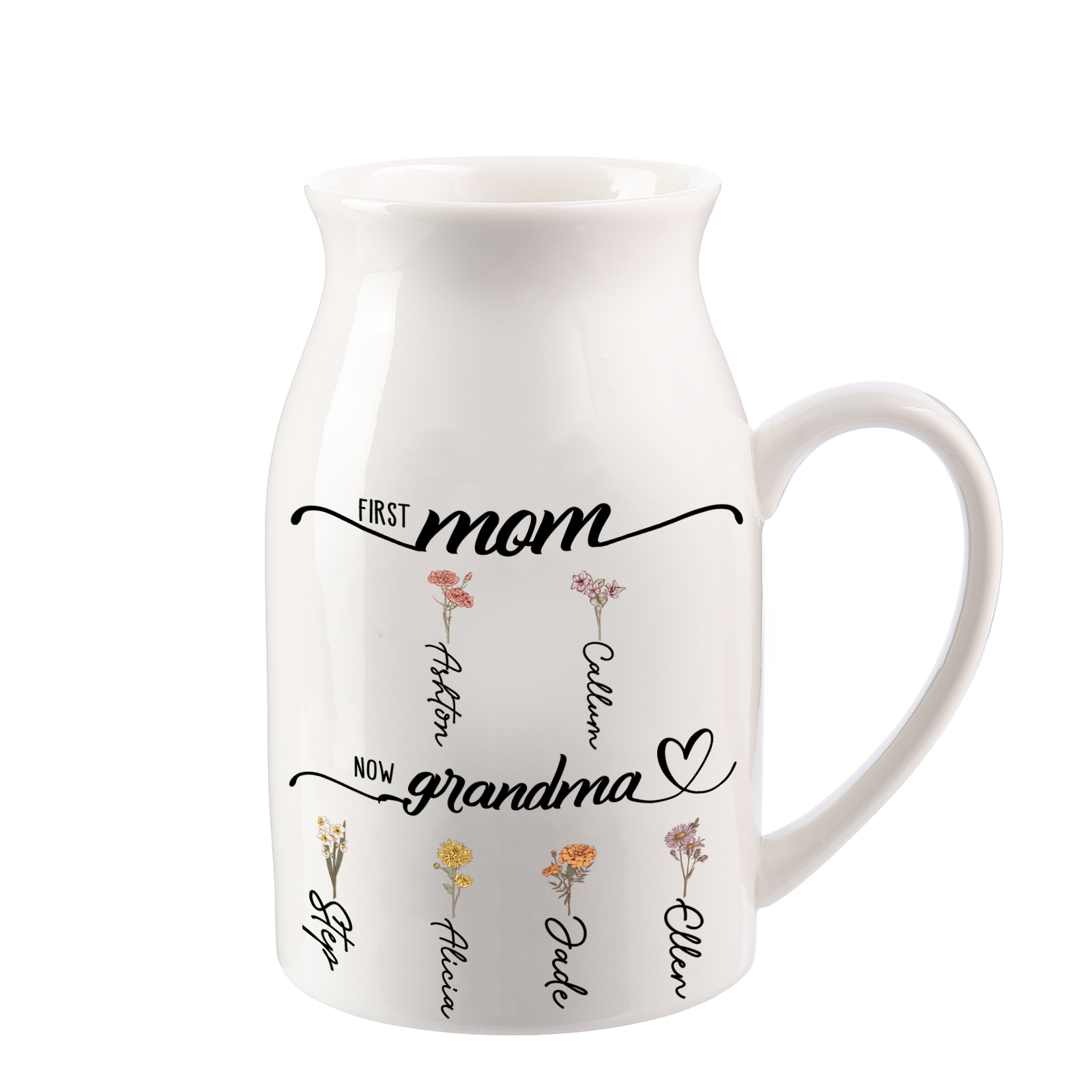 Personalized Floral Name Pitcher – “First Mom, Now Grandma” Ceramic Flower Vase | Lorajewel