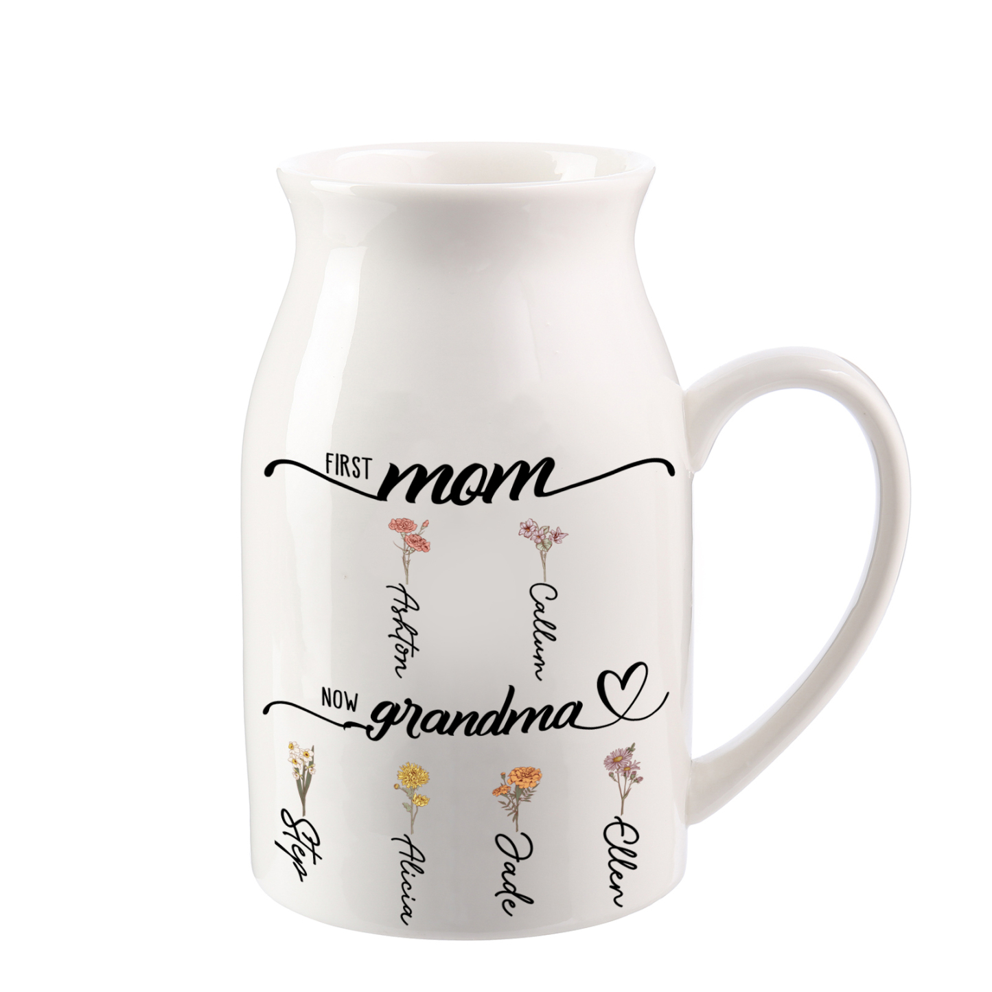 Personalized Floral Name Pitcher – “First Mom, Now Grandma” Ceramic Flower Vase | Lorajewel