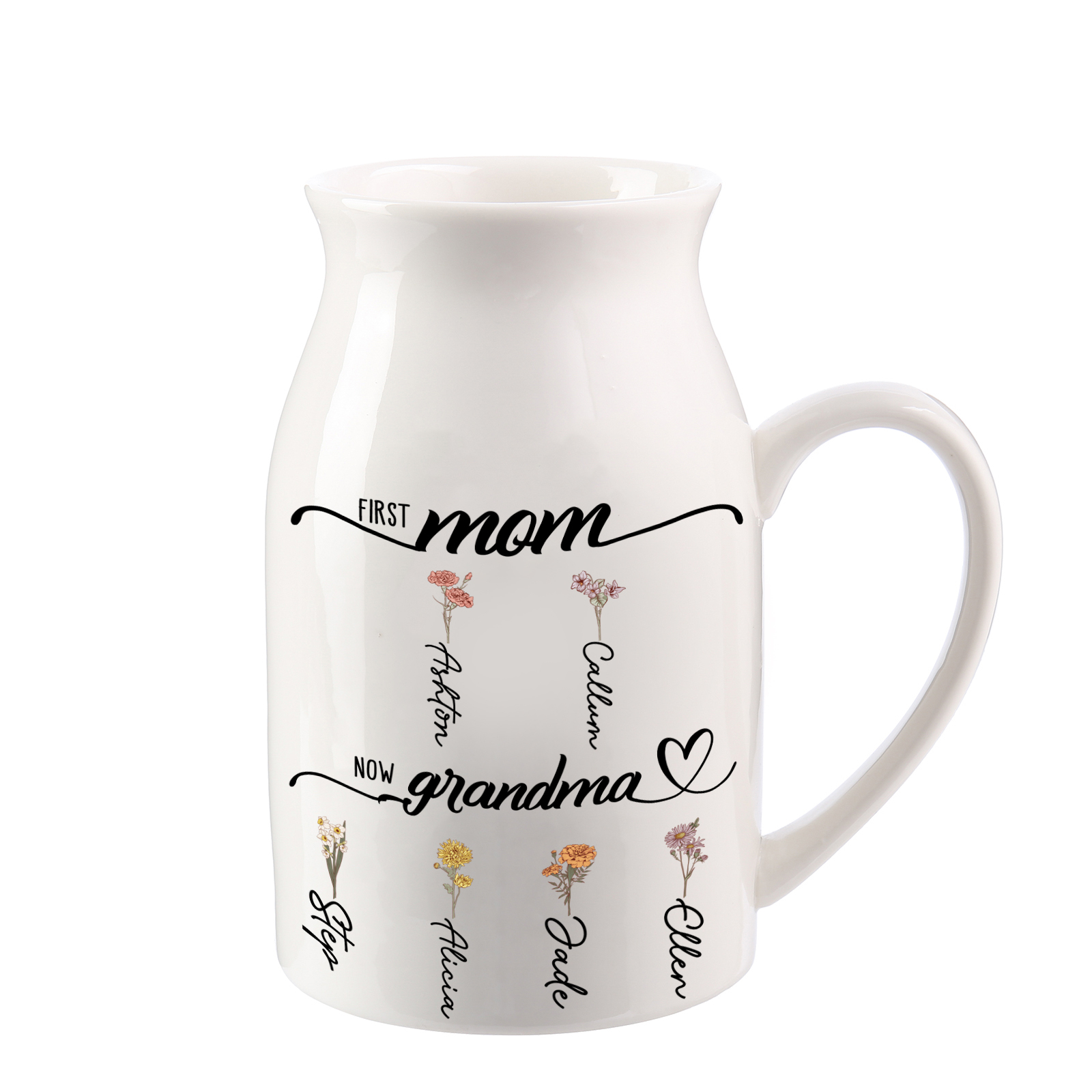 Personalized Floral Name Pitcher – “First Mom, Now Grandma” Ceramic Flower Vase | Lorajewel
