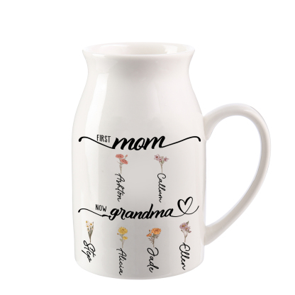 Personalized Floral Name Pitcher – “First Mom, Now Grandma” Ceramic Flower Vase | Lorajewel