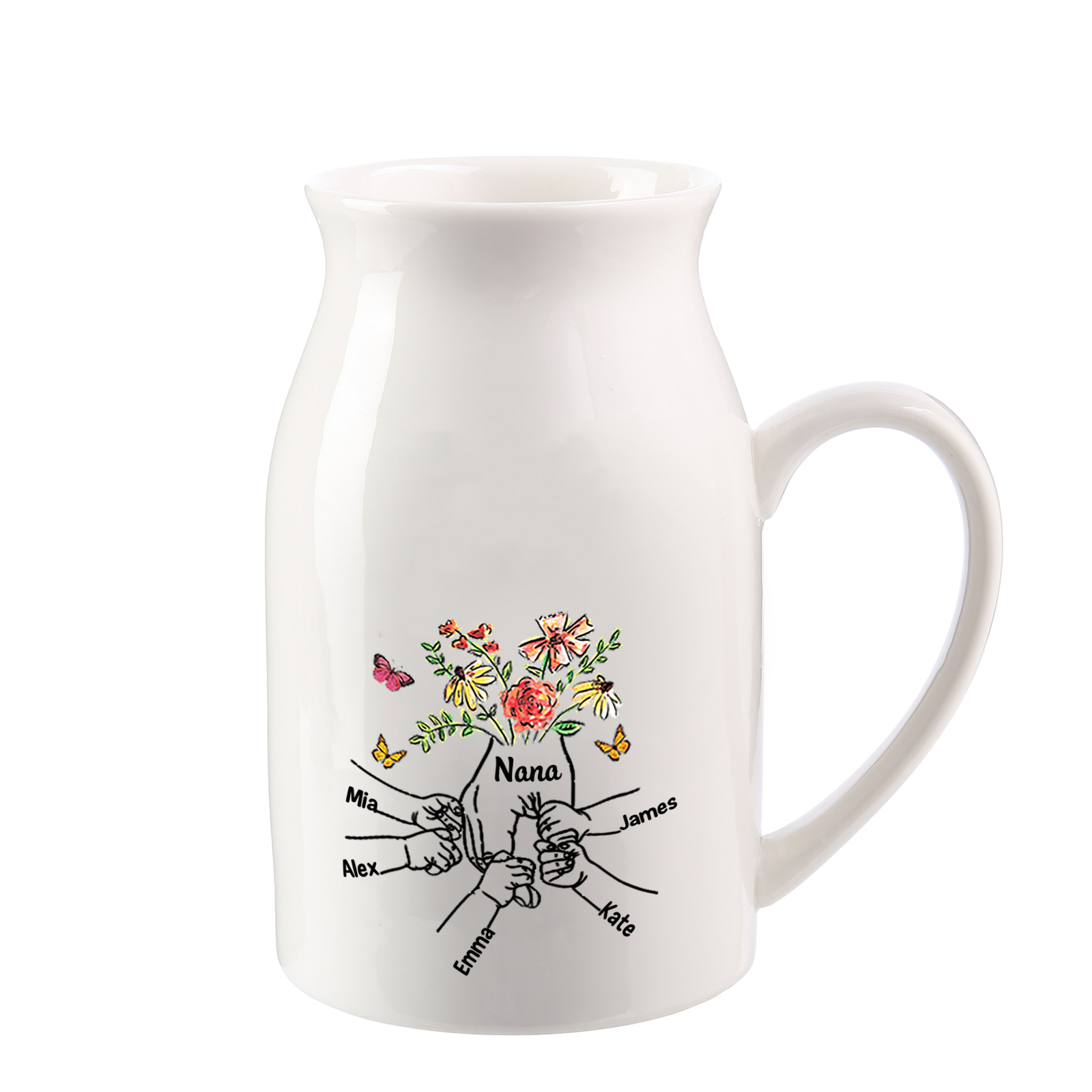 Flowers Personalized Ceramic Jug with Names – “Nana” Holding Hands Floral Design | Lorajewel