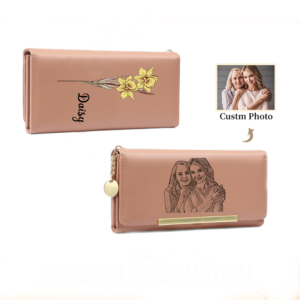 Custom Purse-Personalized Birthflower & Name PU Leather Women's Zipper Wallet Gift For Her