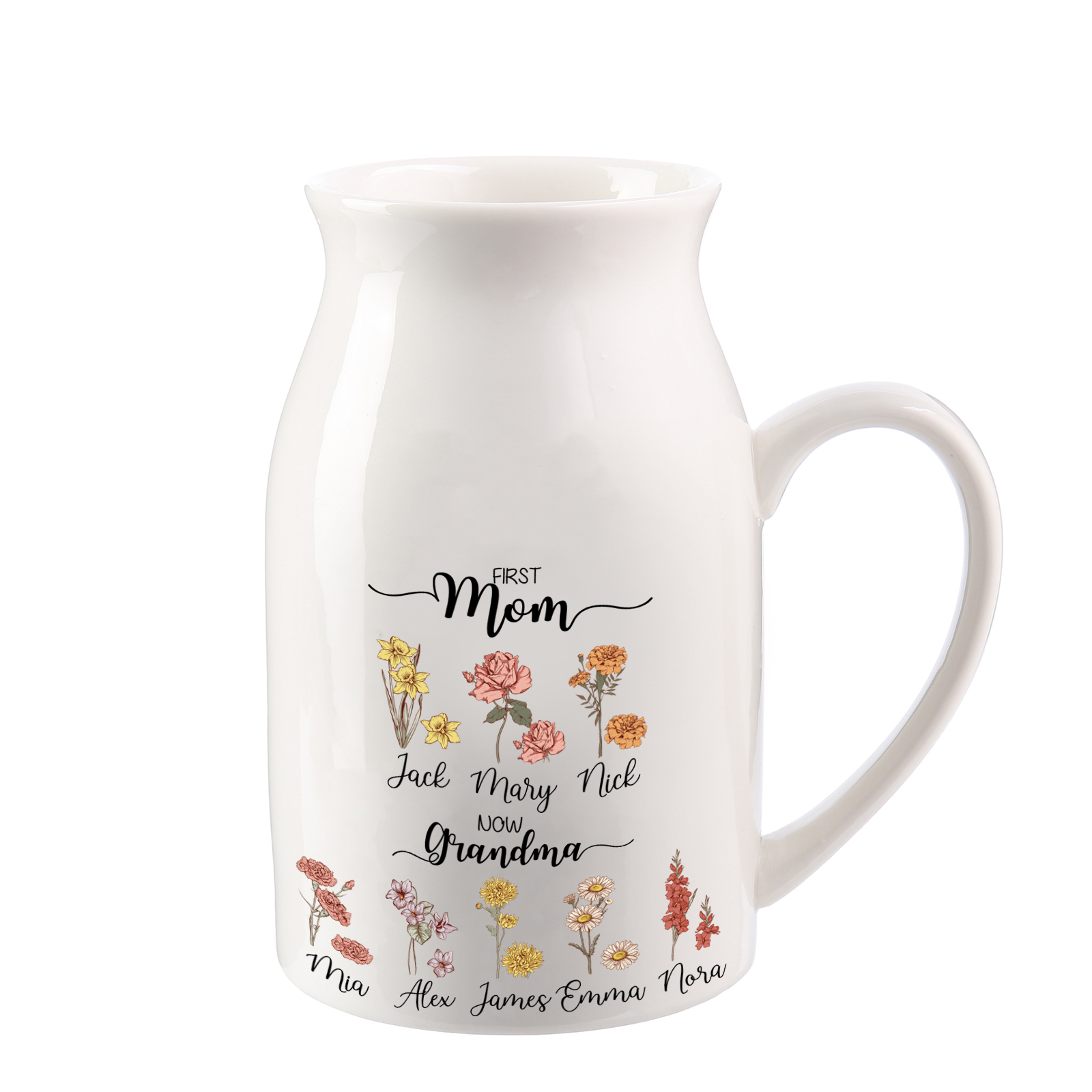 Birthflowers Personalized Ceramic Jug with Names – “First Mom, Now Grandma” Floral Keepsake | Lorajewel