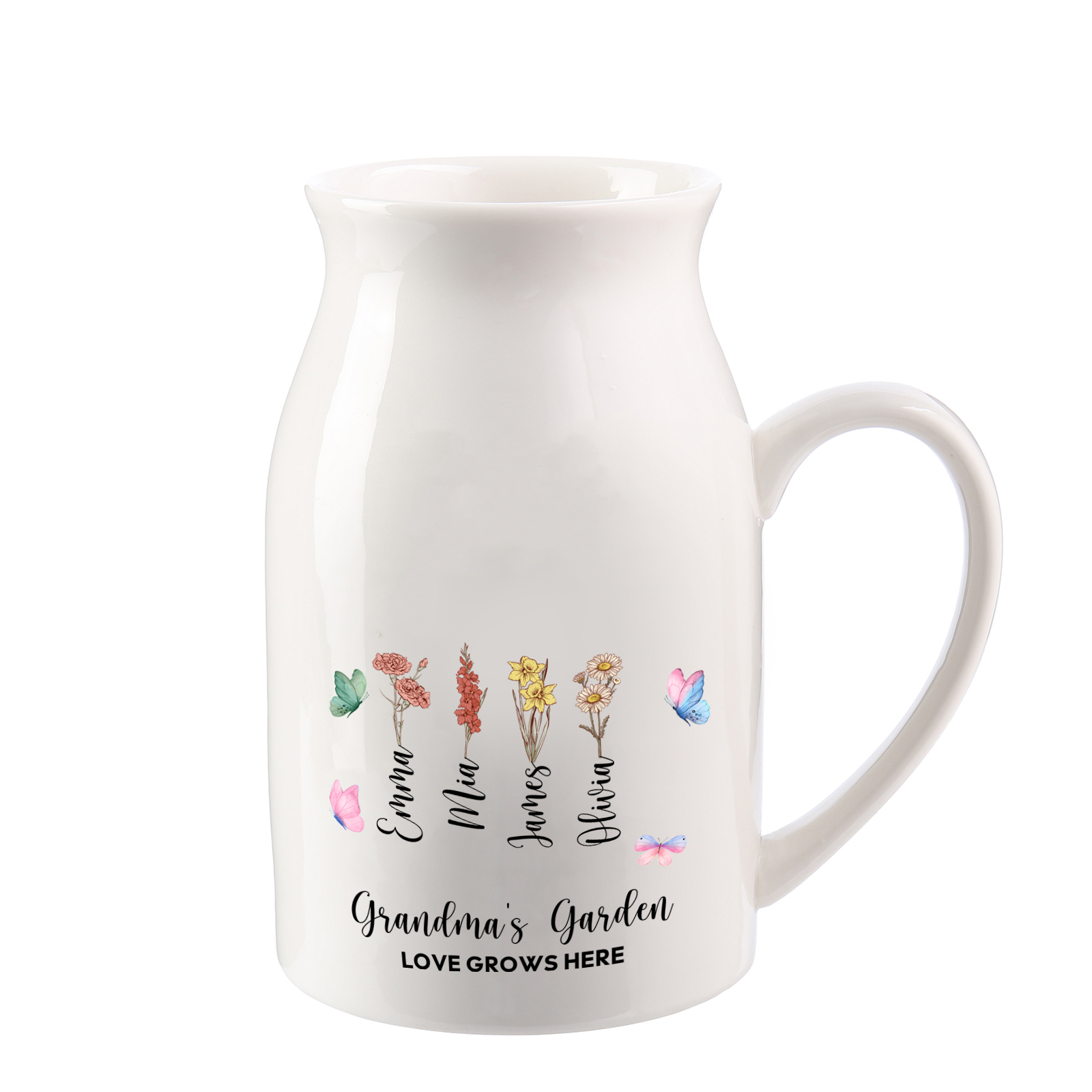 Personalized “Grandma’s Garden” Ceramic Jug with Names & Birthflowers – A Blooming Tribute to Love | Lorajewel