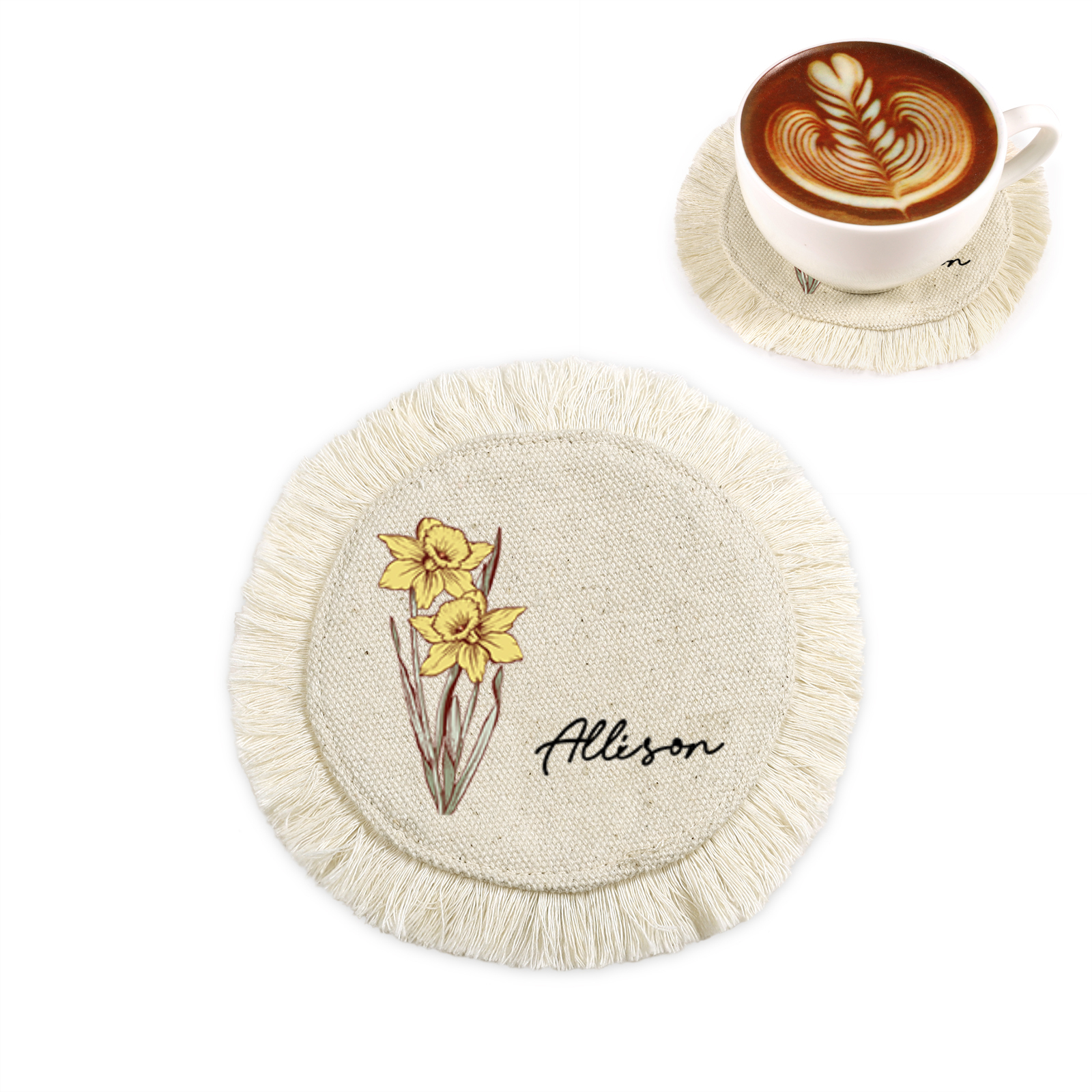 Personalized Floral linen tassel Placemats and 4 Coasters