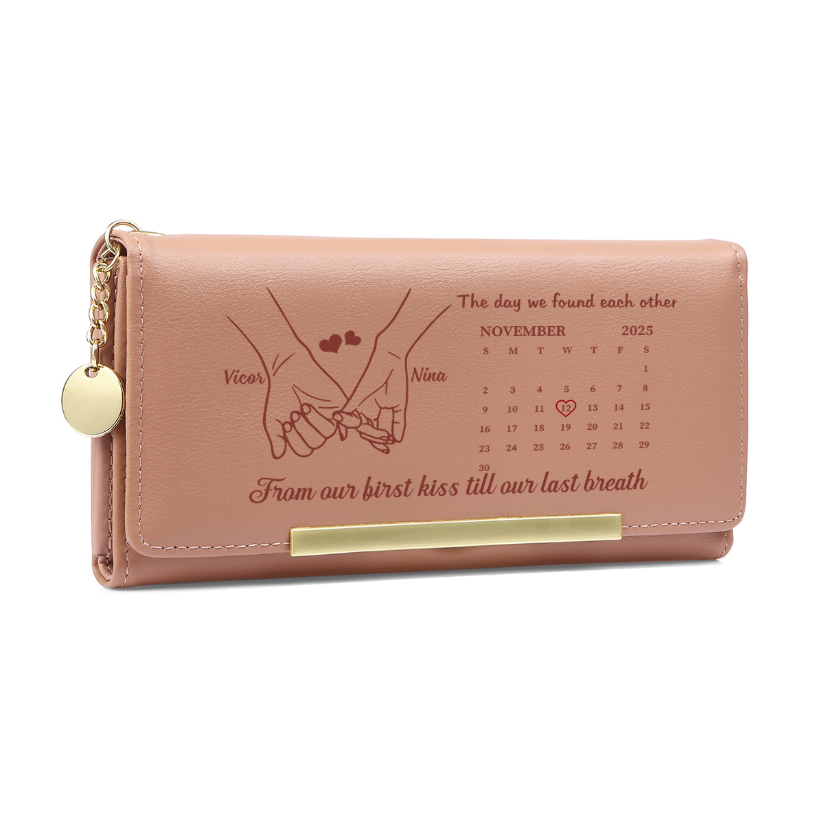 Personalized Pink Purse Calendar Wallet with Hand Design for Her