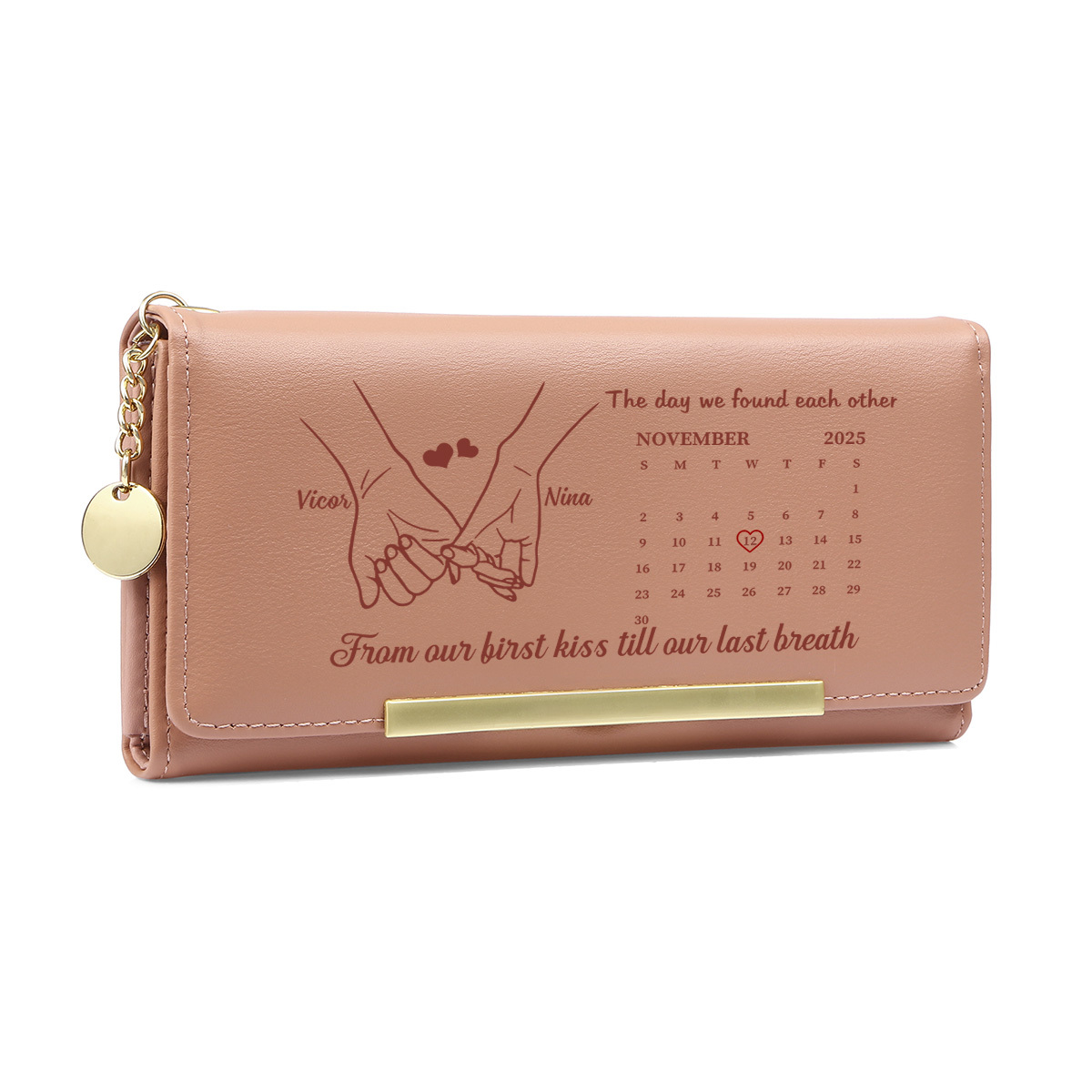 Personalized Pink Purse Calendar Wallet with Hand Design for Her