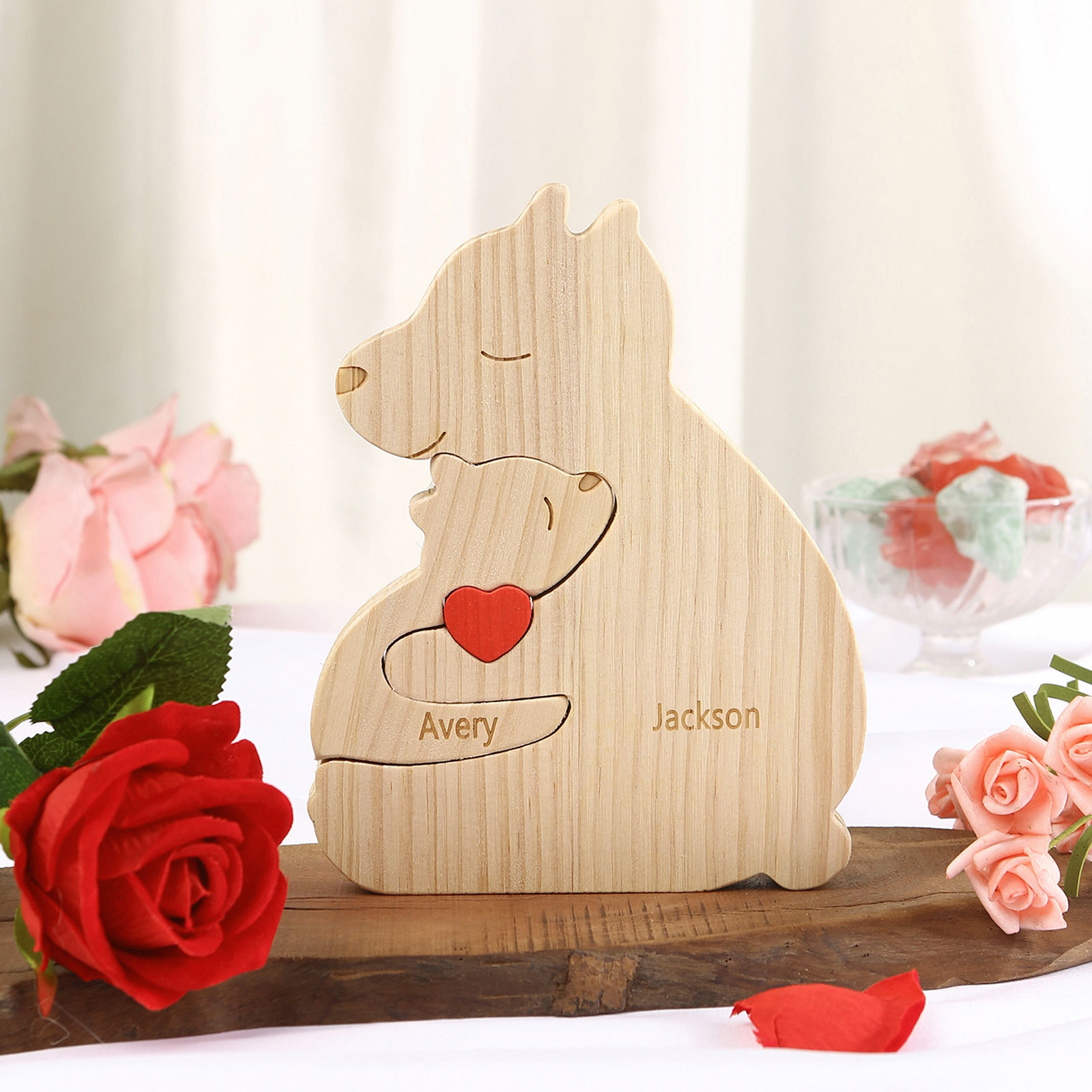 Personalized Name Wooden Bear Family Puzzles Ornament with Heart Custom 2 Names Home Decor Gifts