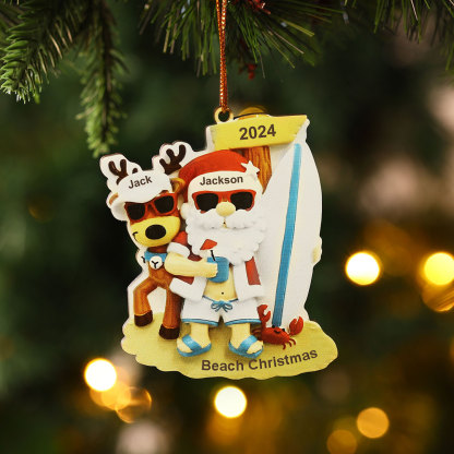 Custom Beach Christmas Ornament with Santa & 1 Reindeer – Personalized 2 Names, Year & Text for Family Gifts
