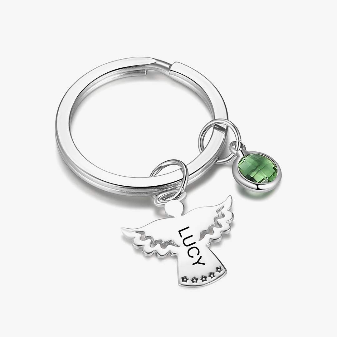 Personalized Guardian Angel Keychain Customized Name & Birthstone Stainless Steel Keyring Special Gift