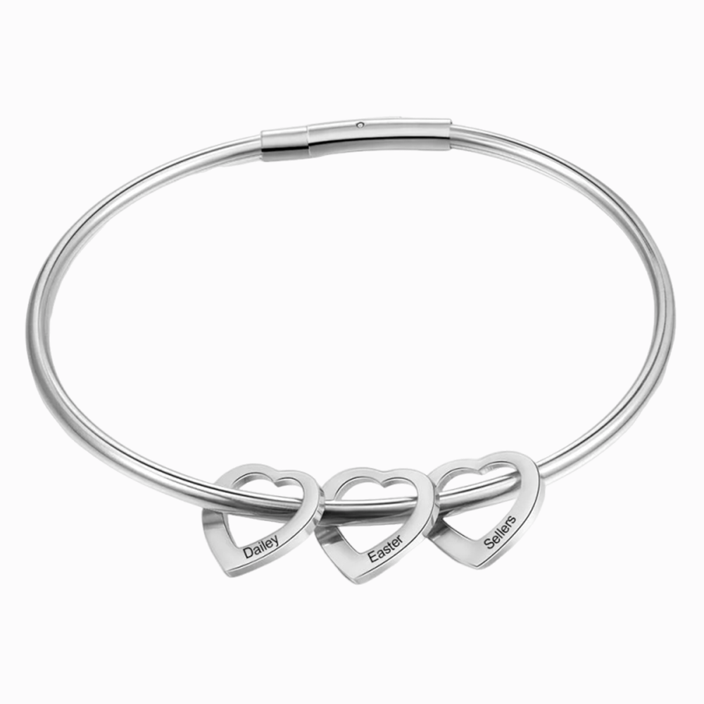 Women Bangle Bracelet with 3 Heart Pendant Engraved 3 Names Love Bracelet