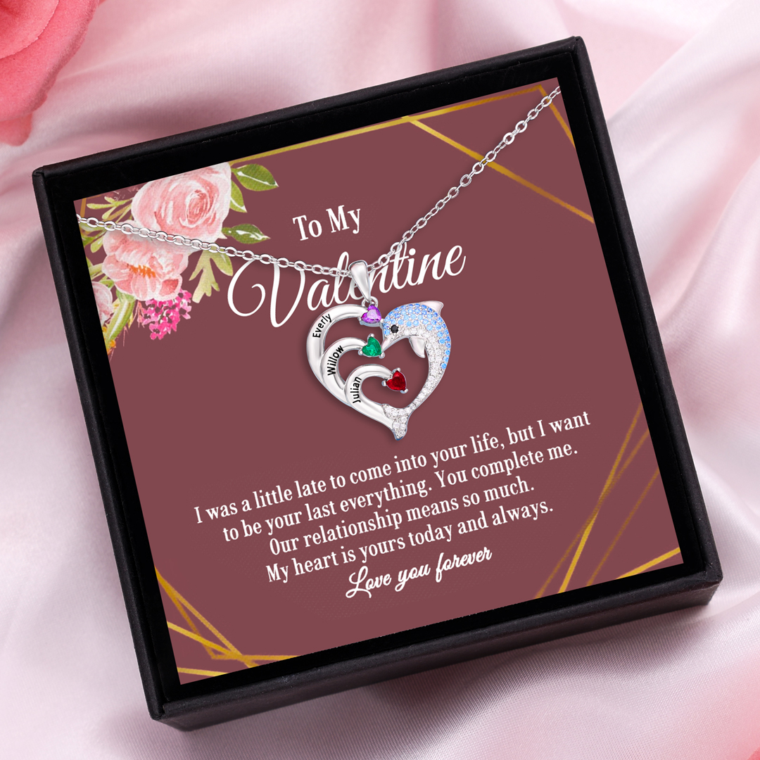 To My Valentine Personalized Heart Dolphin Necklace Custom 2 Birthstones Necklace for Her