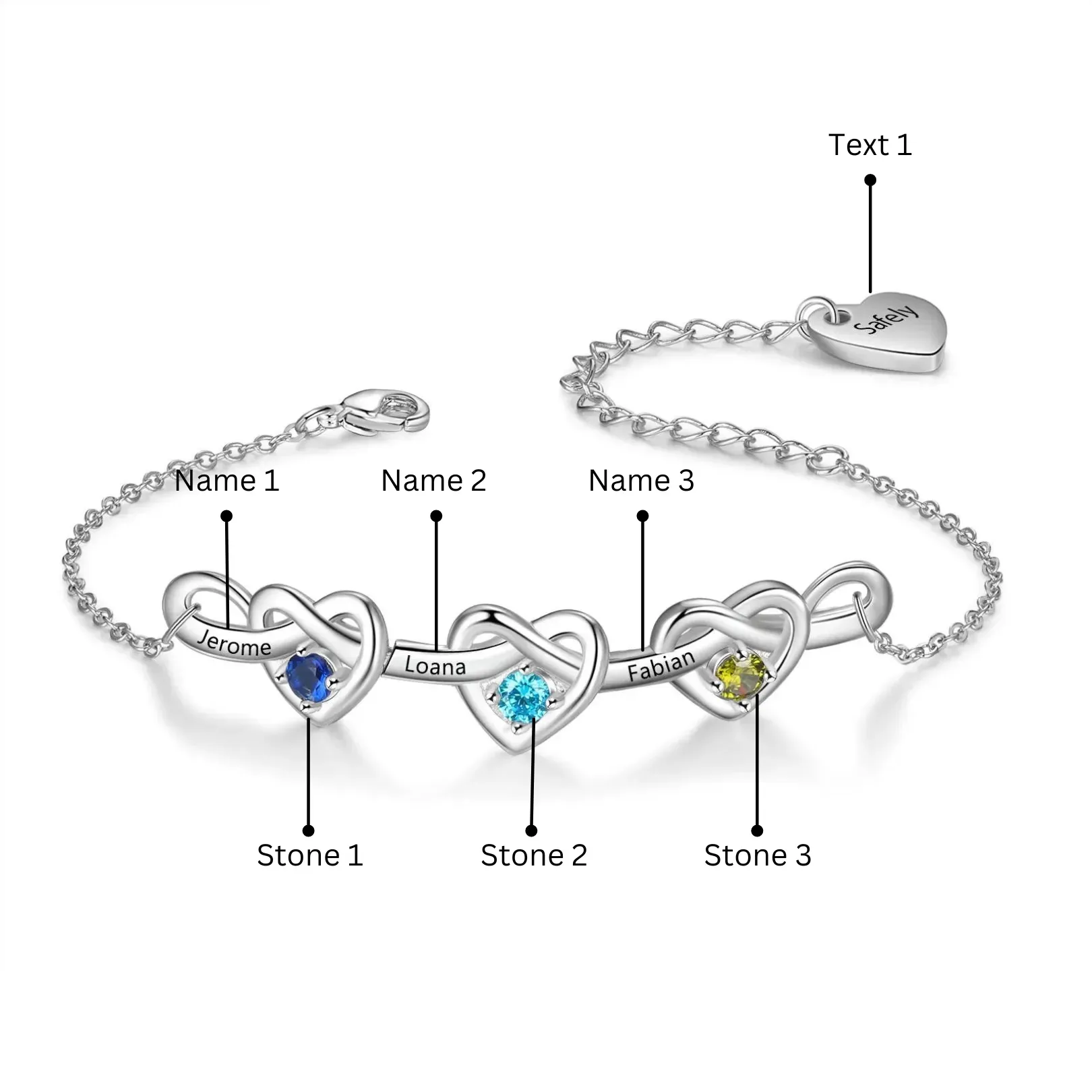 3 Names - Personalized Linked Heart Bracelet Custom Names & Birthstones & Text Bracelets Birthday Gift For Her- Mother's Day Gift for Mom/Grandma