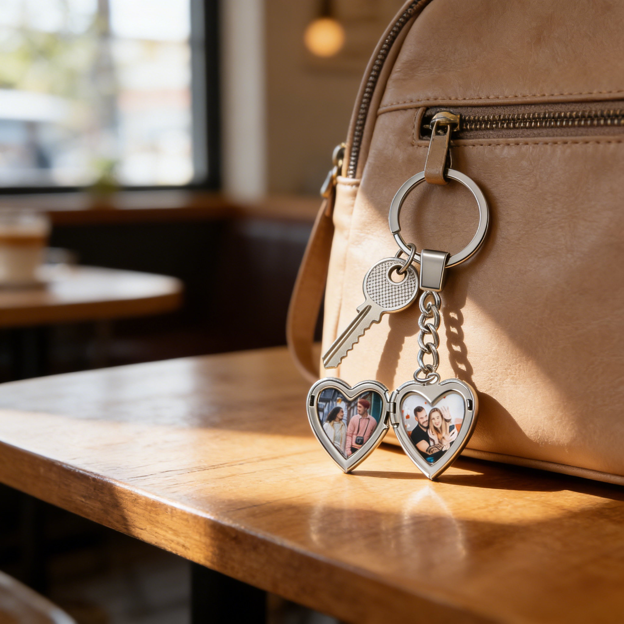 Heart Photo Locket Keychain In Silver Personalized 2 Photos Gift for Couple