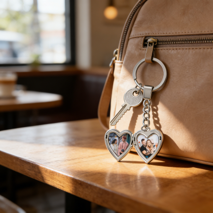 Heart Photo Locket Keychain In Silver Personalized 2 Photos Gift for Couple