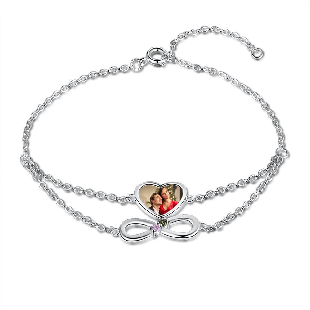 Heart Photo Bracelet Infinity Bracelet with 2 Birthstones Personalized Gift
