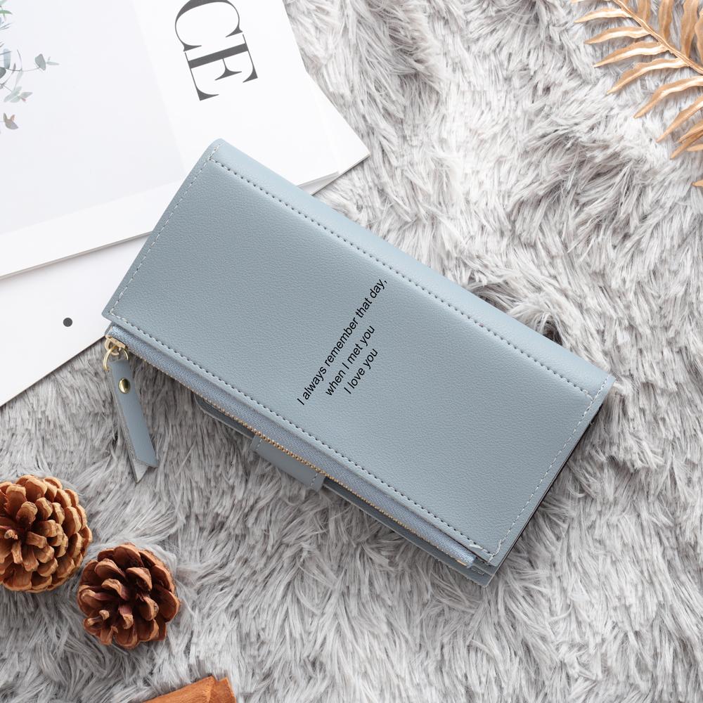 Women Long Style Photo Wallets Custom Inscription Photo Engraved Wallet Blue Grey