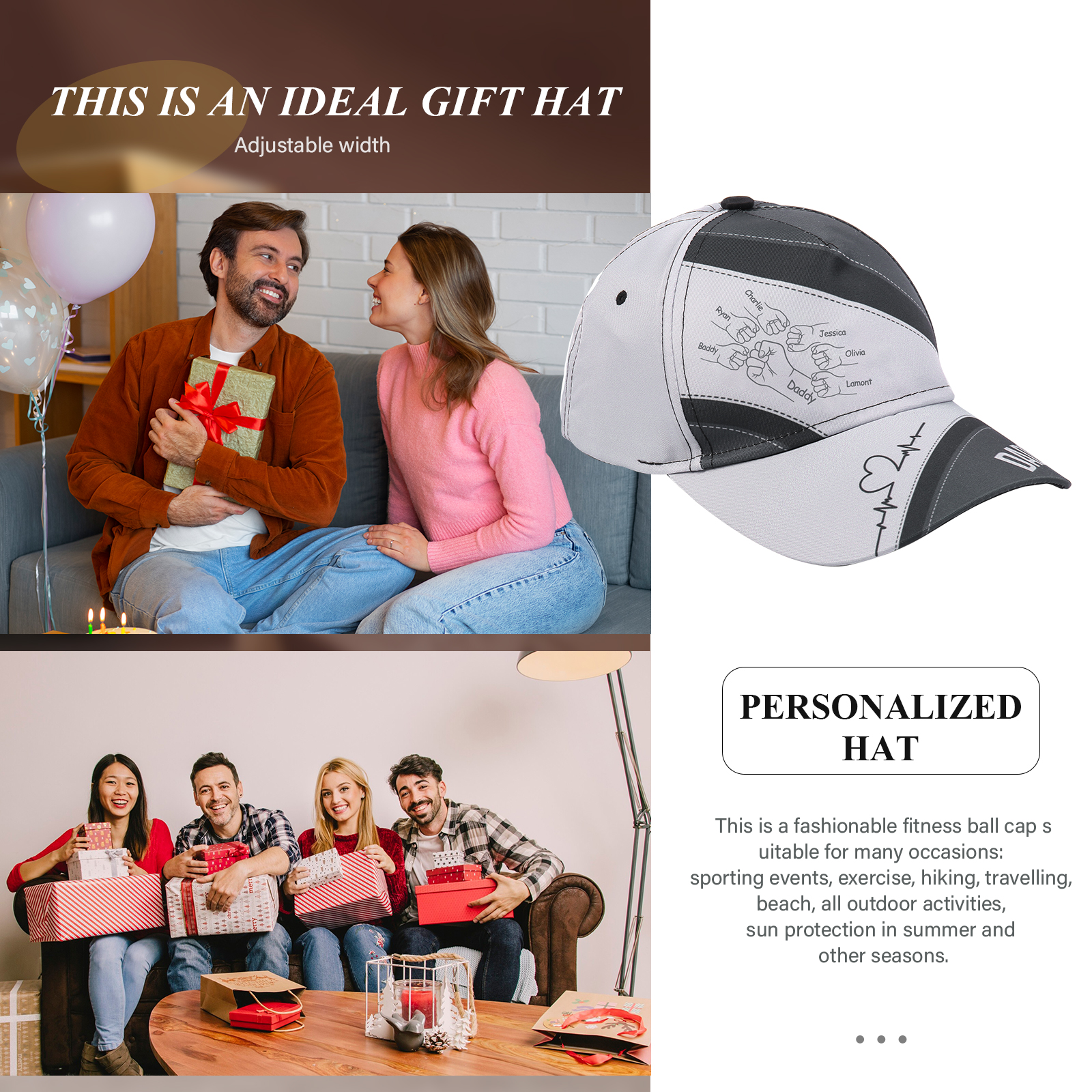 Personalized Fist Bump Classical Baseball Cap Custom 7 Names & 1 Text Snapback Adjustable Gift for Dad/Grandpa/Husband