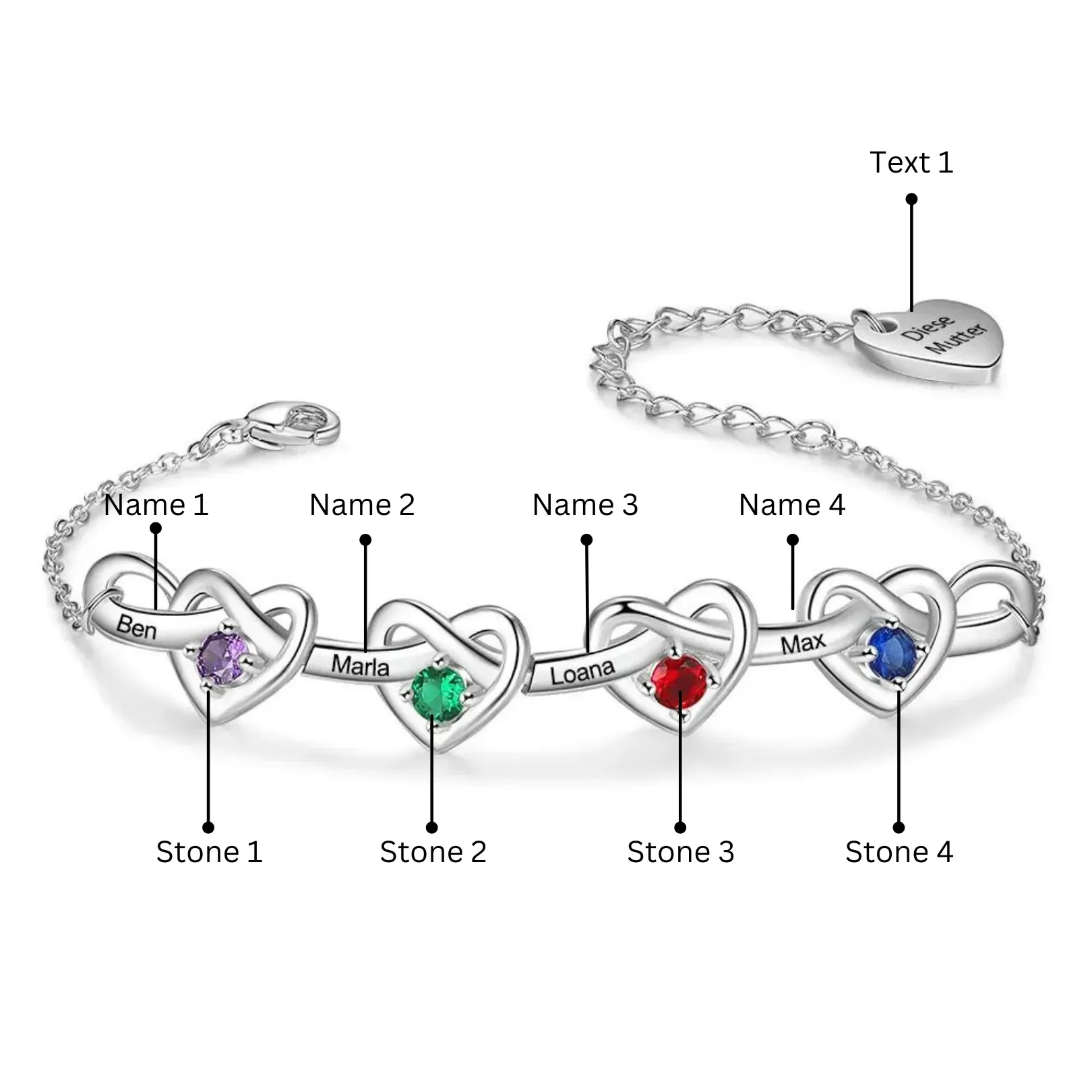 4 Names - Personalized Linked Heart Bracelet Custom Names & Birthstones & Text Bracelets Birthday Gift For Her- Mother's Day Gift for Mom/Grandma