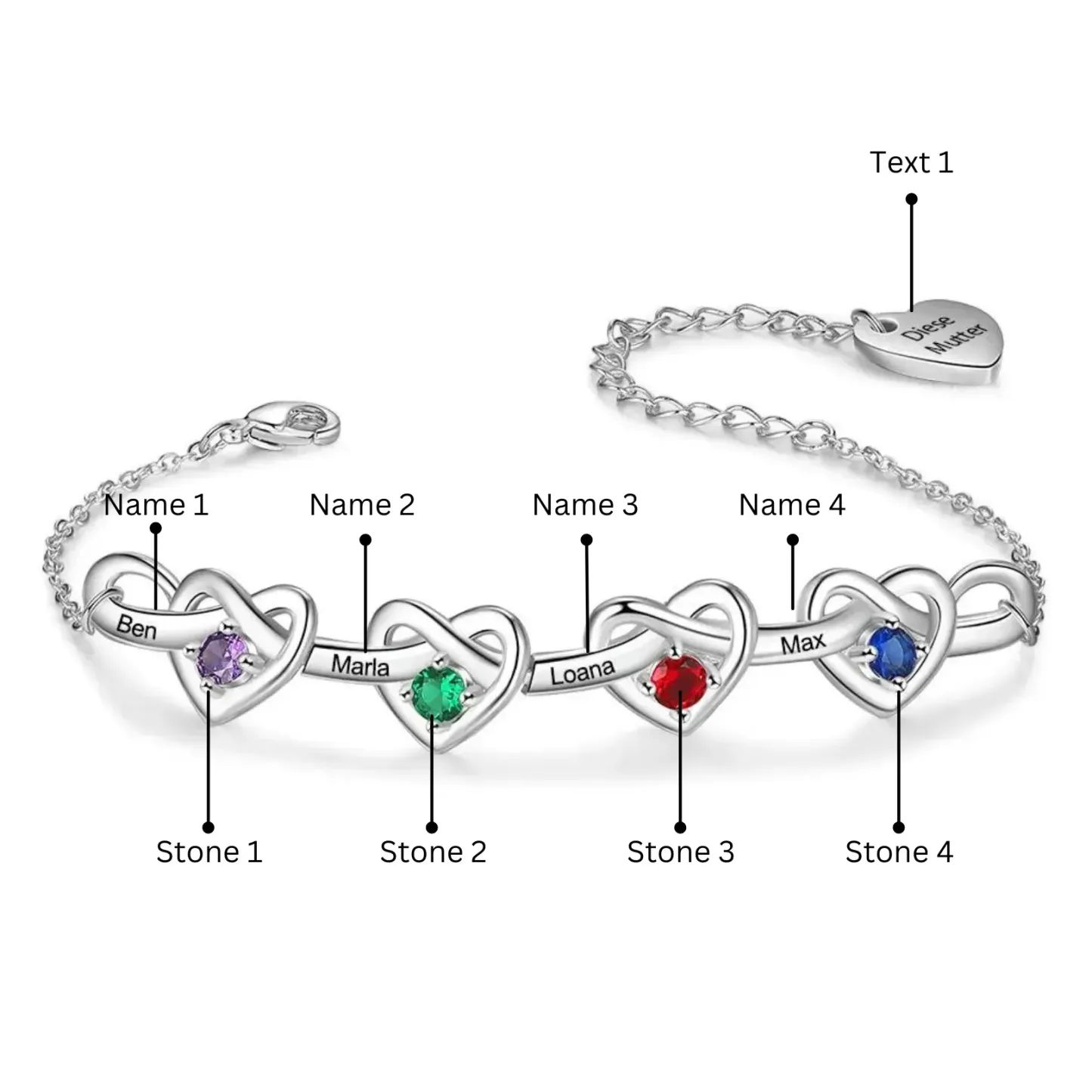 4 Names - Personalized Linked Heart Bracelet Custom 4 Birthstones Engraved Text Bracelets- Mother's Day Gift for Mom/Grandma