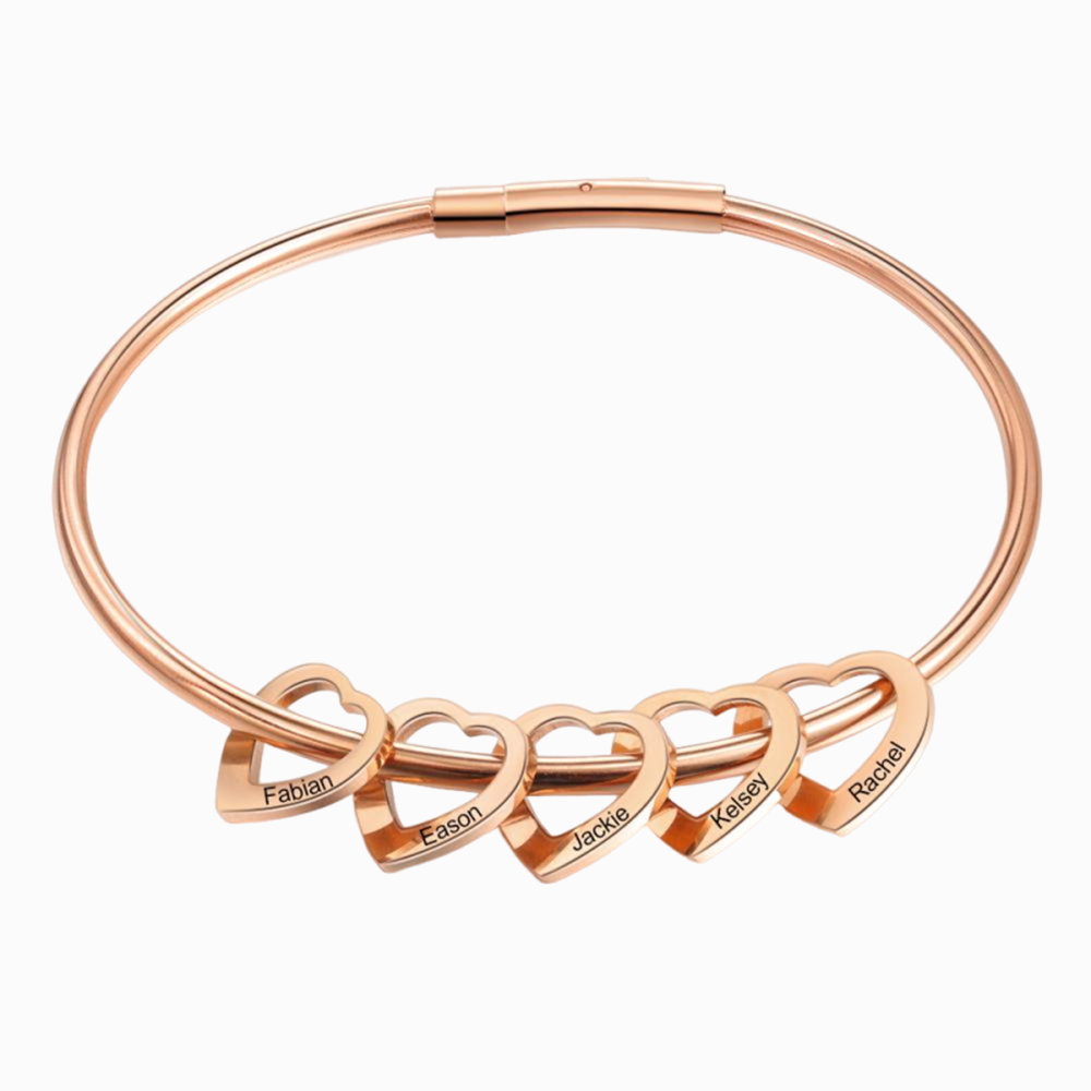 Engraved Personalized Bangle Bracelet with 5 Names with 5 Heart Shape Pendant Gift for Mother