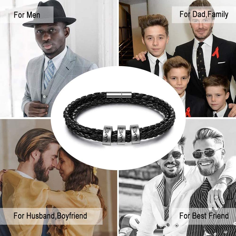 Personalized Mens Leather Braided Bracelet Custom 3 Names Multi-Layer Bracelet Black Gift For Him