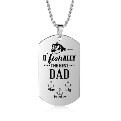 O'Fishally The Best Dad Necklace Custom Photo Dog Tag Necklace with 3 Fishing Hooks