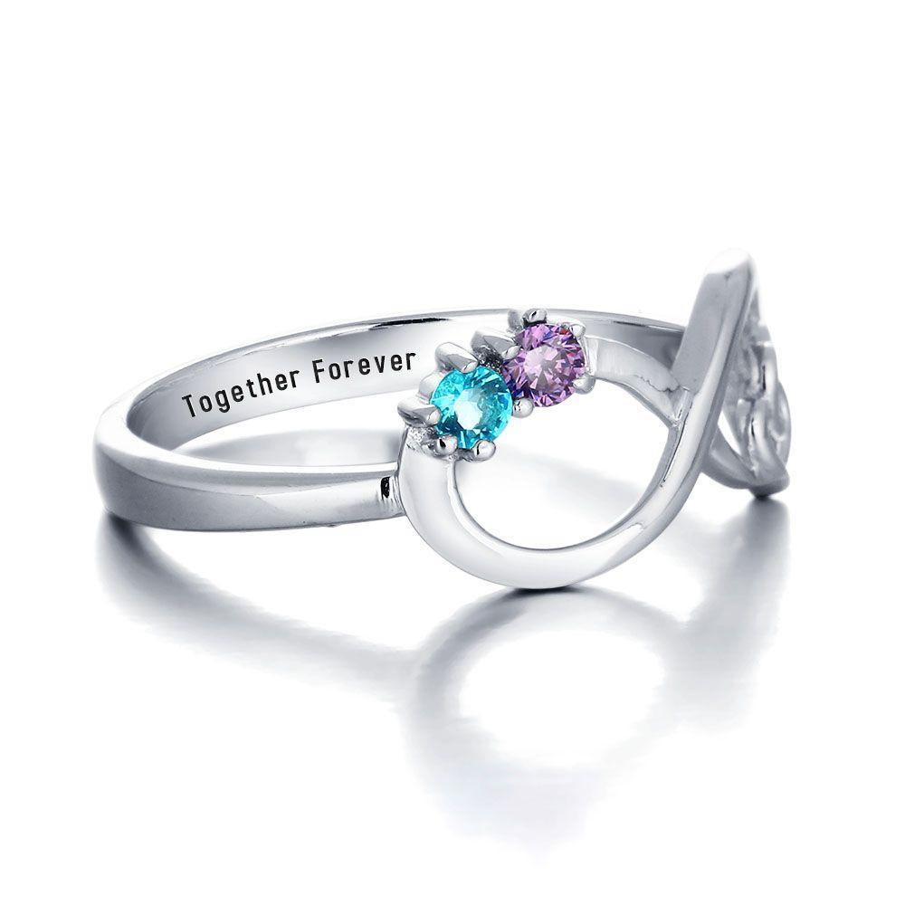 S925 Infinity Ring Double Heart Promise Ring Personalized with 2 Birthstones Engraved Sterling Silver Ring