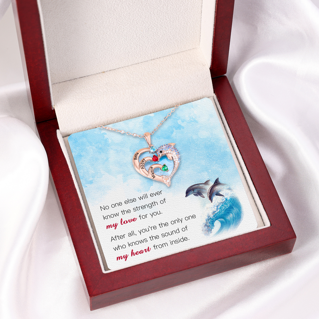 Personalized Heart Dolphin Necklace Custom 2 Birthstones Necklace for Her