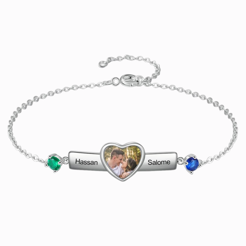 Personalized Heart Photo Bracelet With 2 Birthstones Engraved 2 Names