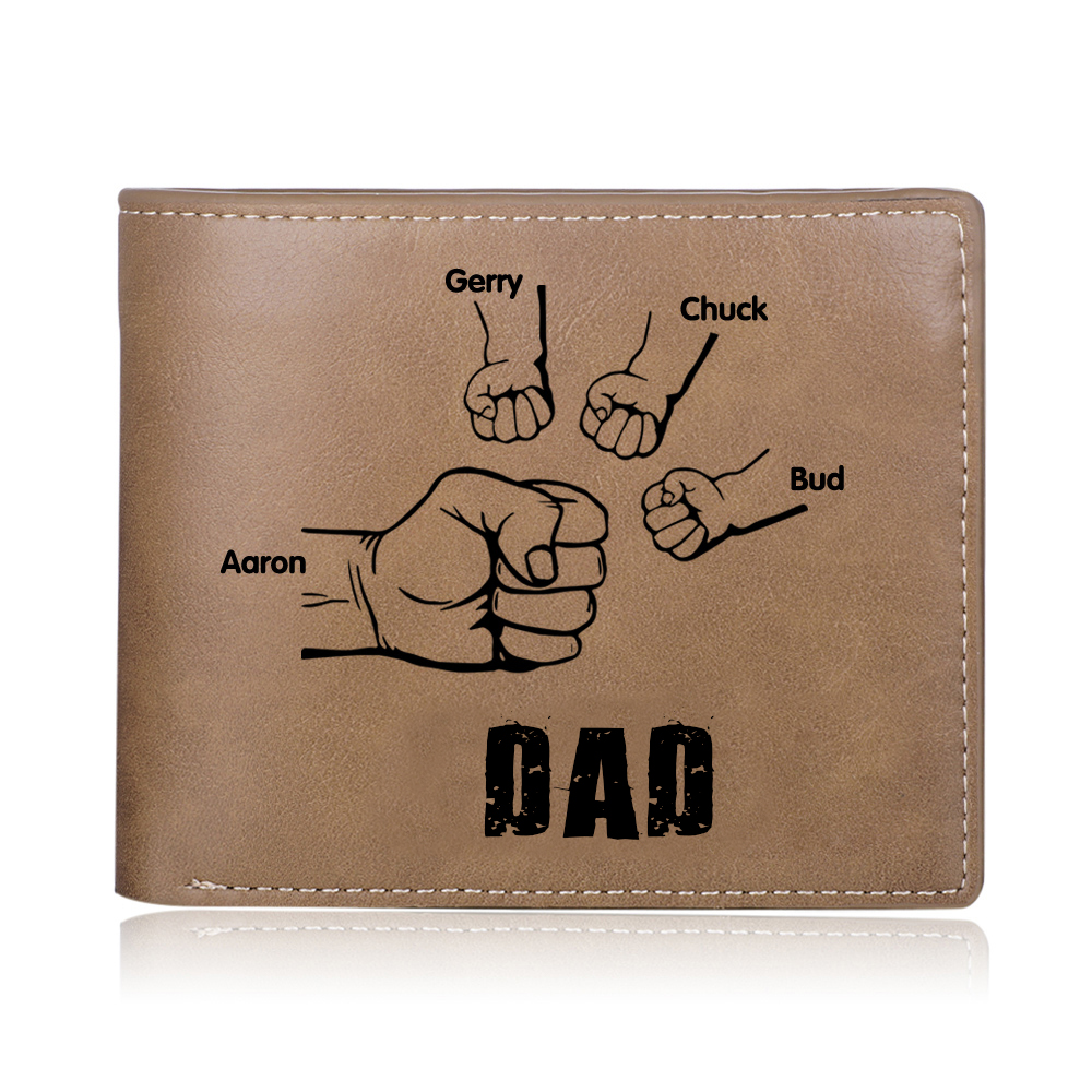 Personalized 4 Names Men Leather Wallet Handcrafted in the USA-Custom Photo & Name Folding Wallet Fist Bump Wallet Gift for Dad