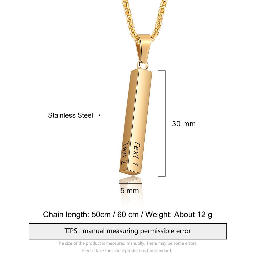 Men Vertical Bar Necklace Engraved 4 Side Personalized 3D Bar Necklace Gold