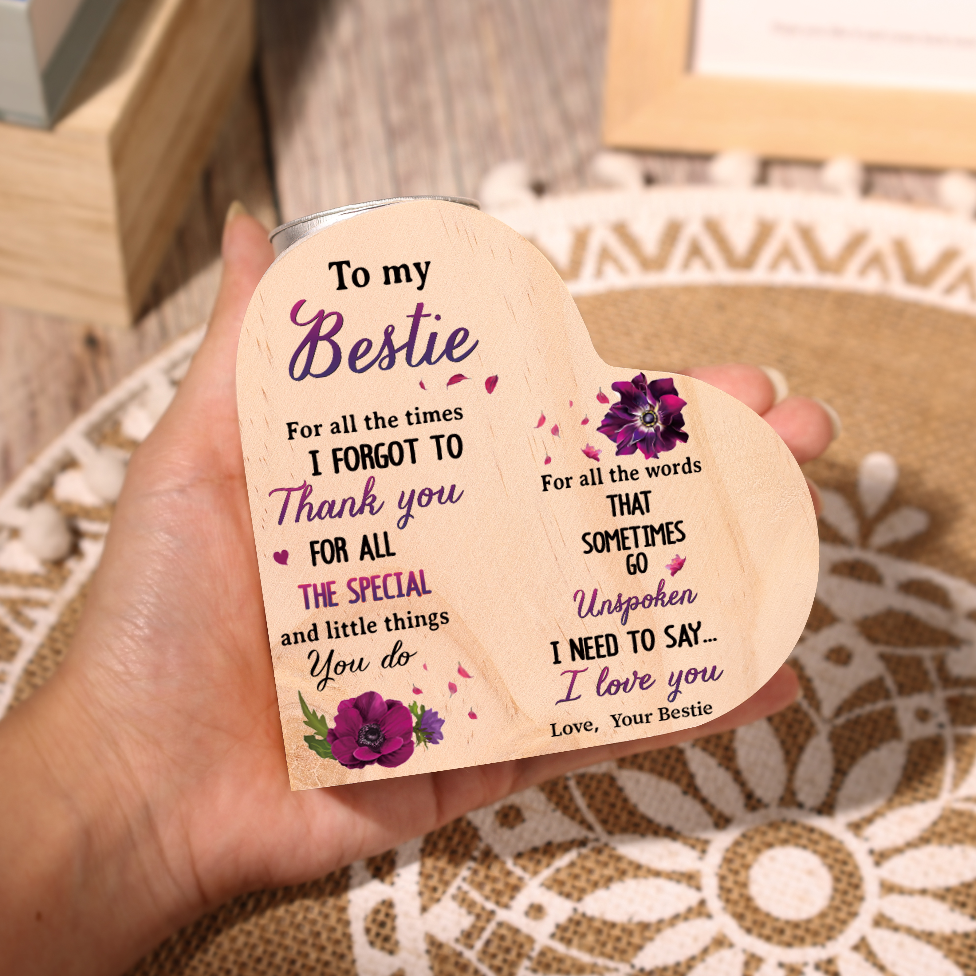 To My Bestie Violet Flower Heart Candle Holder "I Need To Say I Love You" Wooden Candlestick