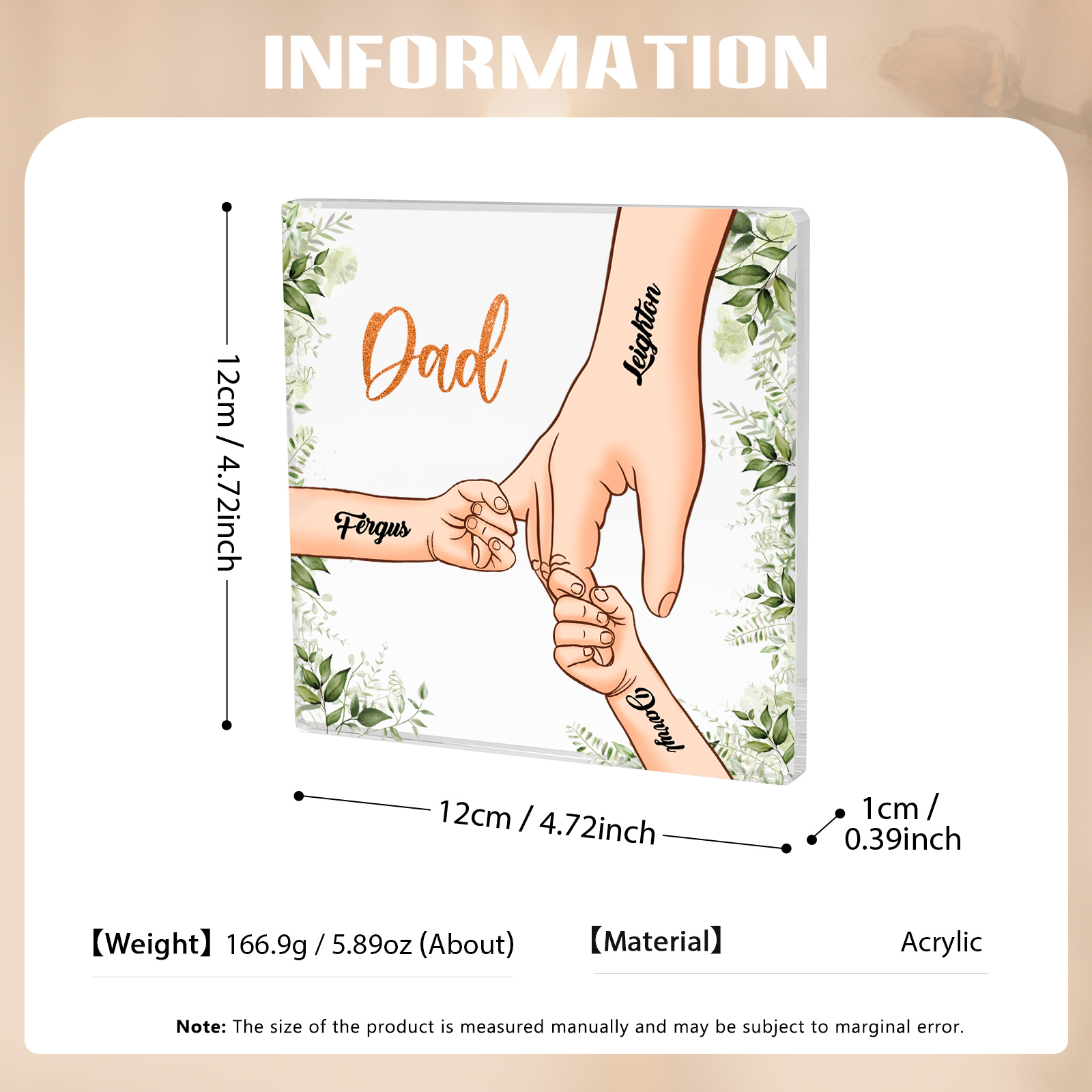 3 Names & 1 Text Personalized Acrylic Plaque for Dad - Custom Holding Hands Father's Day Gift | Lorajewel