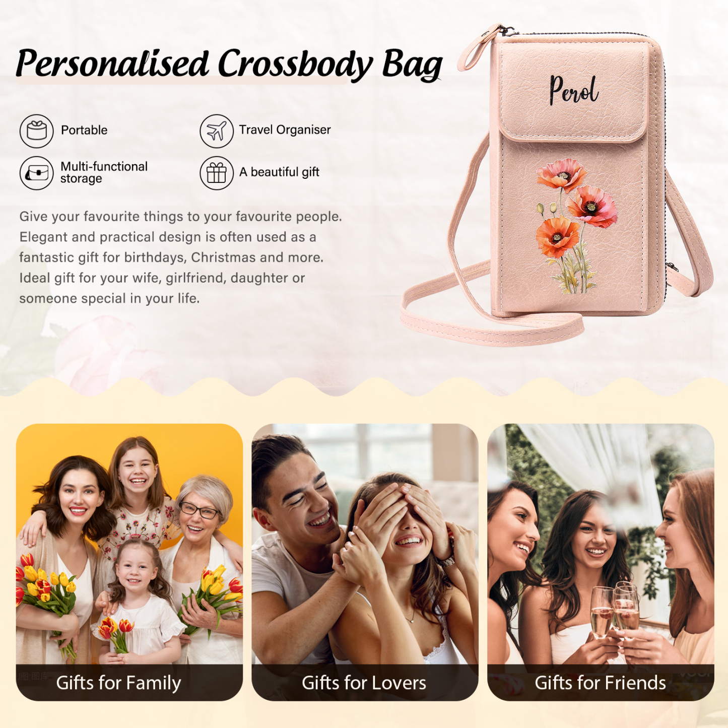 Personalized Women's Leather Wallet Custom Birthday Flower & Name Mobile Phone Wallet Zipper Crossbody Bag