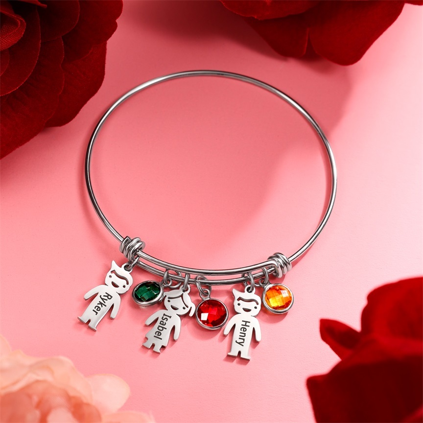 Bangle Bracelet with Kids Charms 2 Birthstone Engraved 2 Names Rose Box Set
