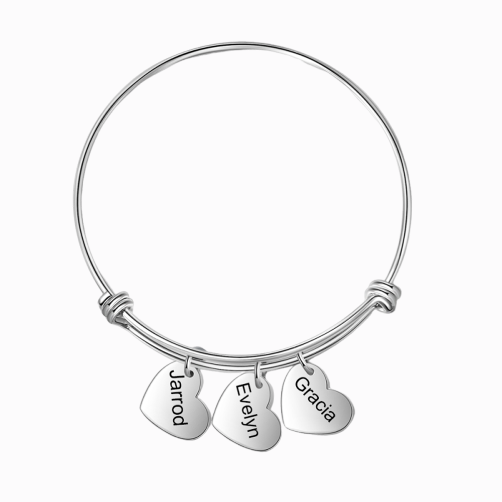 Heart Bangle Bracelet Engraved 3 Names Personalized with 3 Heart Charm